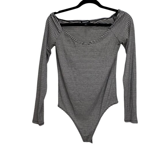 Express Black White Striped Long-Sleeve Bodysuit Med Rayon Spandex Off-Shoulder - Picture 1 of 5